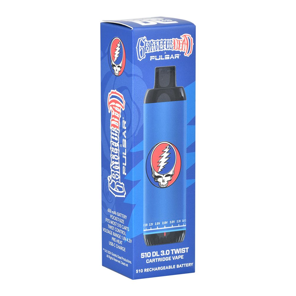 The front of the retail packaging for the Steal Your Face Pulsar 510 DL 3.0 Twist, featuring the classic Grateful Dead logo and 3.0 series features.