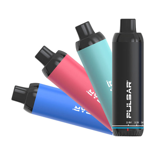 A multi-product studio shot displaying the Pulsar 510 DL 3.0 Twist Vape Pen in all color options. The lineup showcases the sleek, buttonless disposable-style silhouette across a wide variety of solid matte colors and vibrant metallic fades, with the bottom-mounted analog voltage dials visible at the base of each unit.
