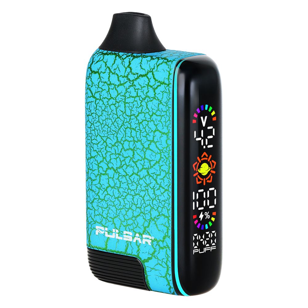 Pulsar 510 DL 5.0 in Crackle Calcite Rupture (Teal with Green Crackles), illustrating the sleek vape bar form factor and the large OLED screen showing real-time session data.