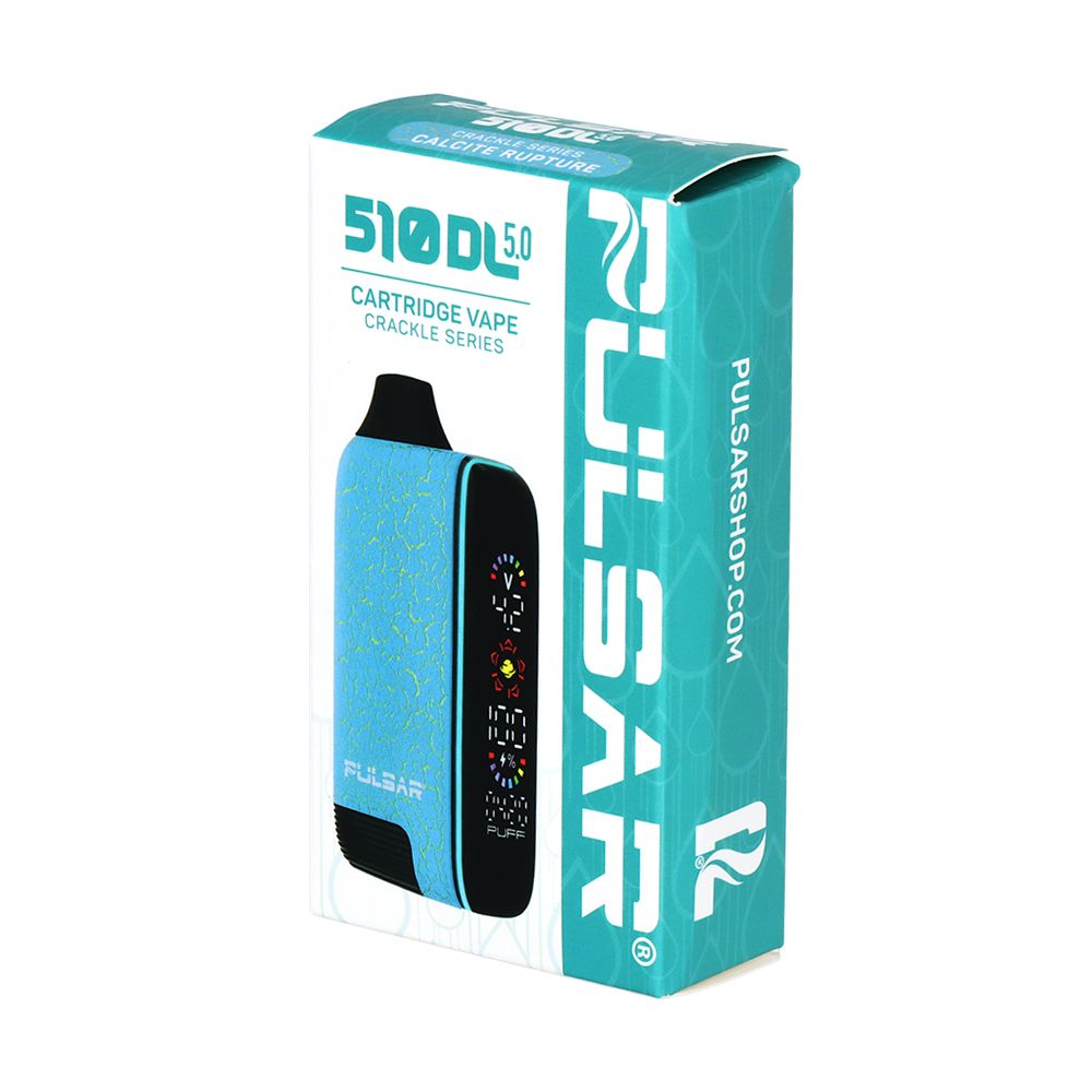 Front of the retail packaging for the Pulsar 510 DL 5.0 in Crackle Calcite Rupture (Teal with Green Crackles), illustrating the vibrant crackle finish and the universal 510-thread cartridge connection.