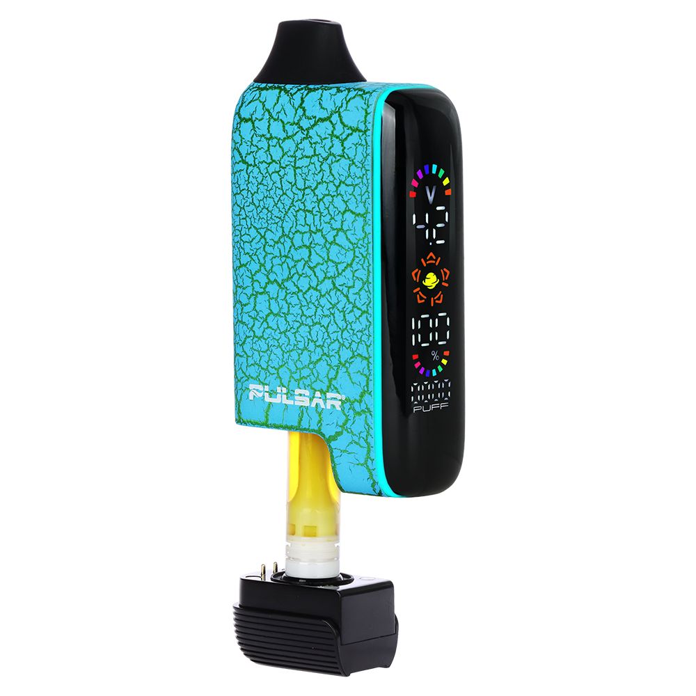 Pulsar 510 DL 5.0 in Crackle Calcite Rupture (Teal with Green Crackles), showcasing the bold, textured finish and the high-definition interactive display screen.