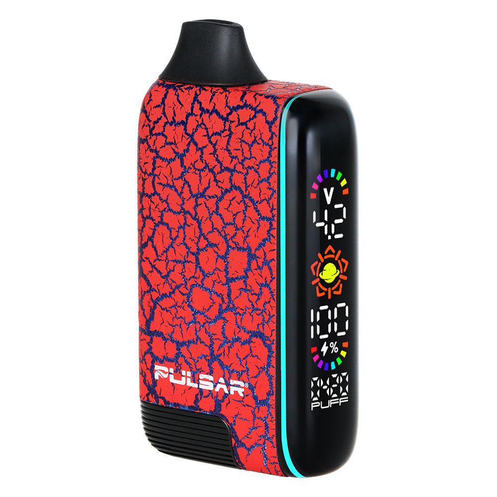 Pulsar 510 DL 5.0 in Crackle Garnet Venture (Red with Blue Crackles), highlighting the distinct texture of the crackle finish and the vibrant digital display set to a custom voltage for optimal performance.