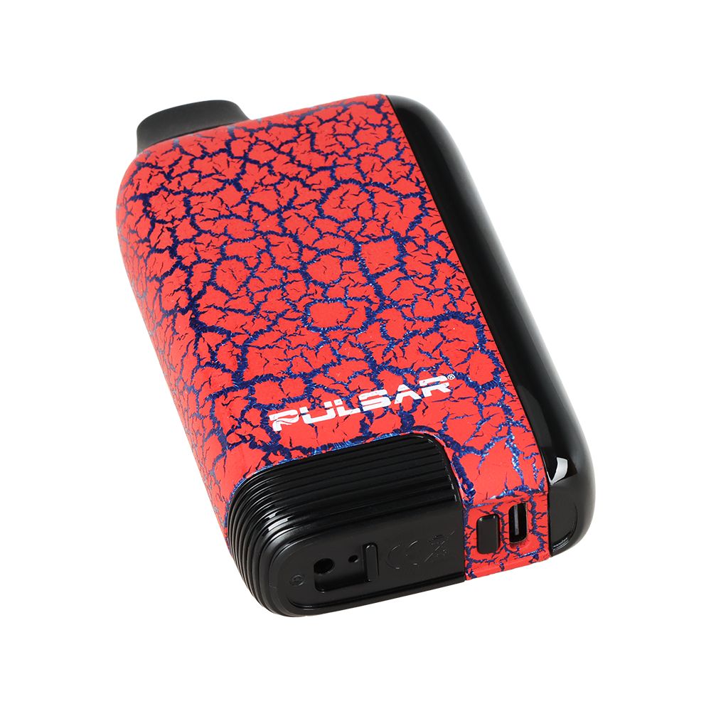 The Pulsar 510 DL 5.0 in Crackle Garnet Venture shown from a low angle to highlight the USB-C rapid charging port and the sturdy magnetic base connection.