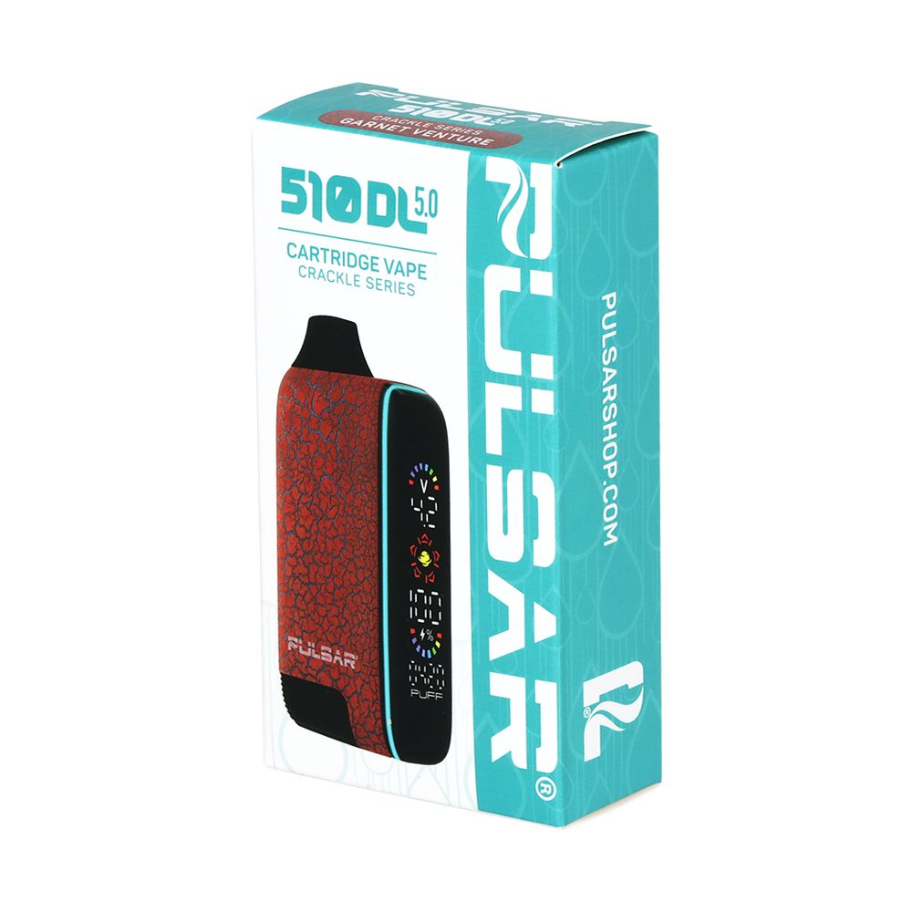 Front of the retail box for the Pulsar 510 DL 5.0 in Crackle Garnet Venture (Red with Blue Crackles), showcasing the bold aesthetic and confirming that this model includes the powerful 1000mAh battery.