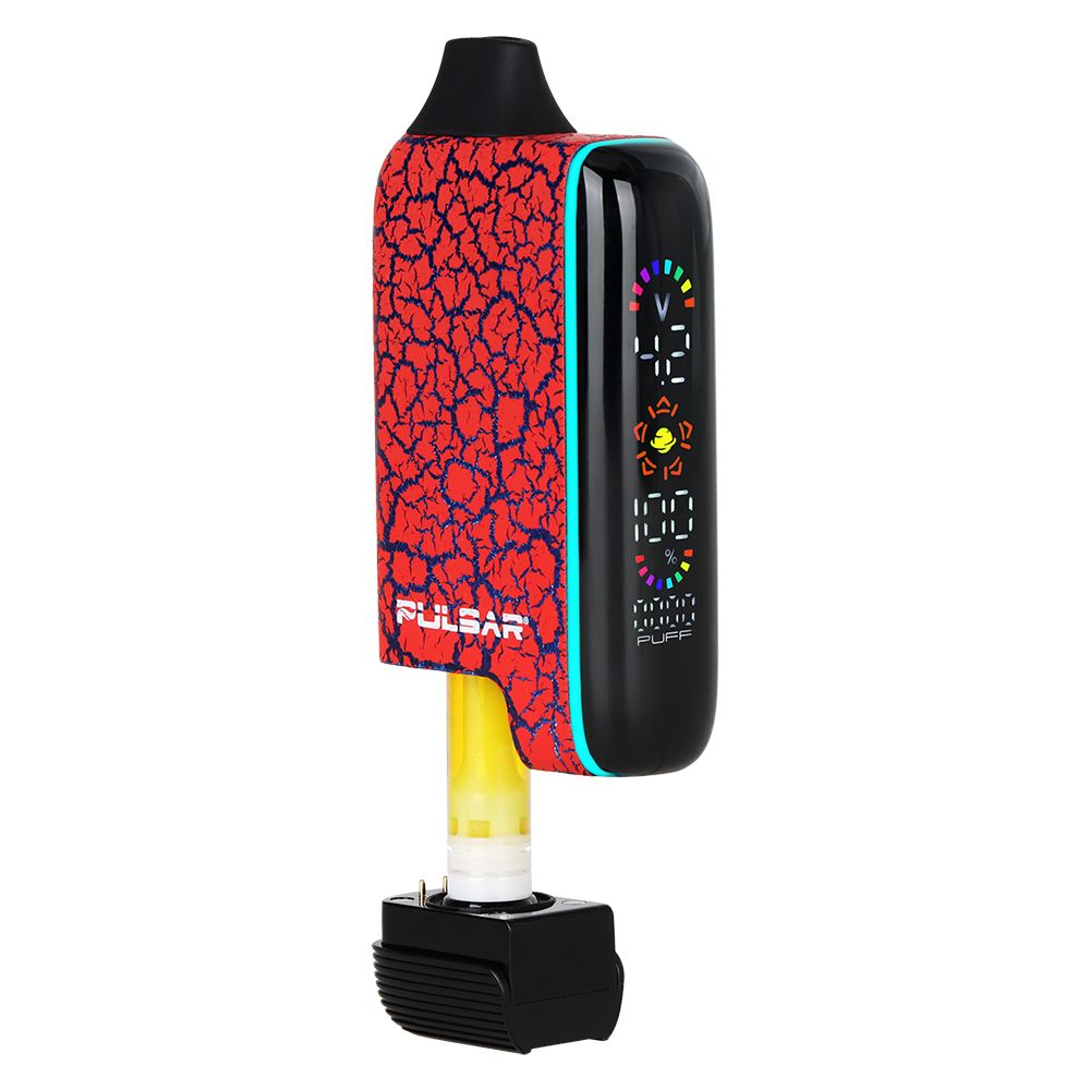 Pulsar 510 DL 5.0 in Crackle Garnet Venture (Red with Blue Crackles), highlighting the internal cartridge chamber and the vibrant LED screen showing precise voltage and puff count.