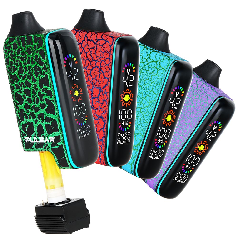 A group collection shot showcasing the four variants of the Pulsar 510 DL 5.0 Crackle Series: Spectral Flow, Garnet Venture, Calcite Rupture, and Static Shard. The Spectral Flow model is shown partially open, revealing a hidden 510-thread cartridge installed in the chamber.