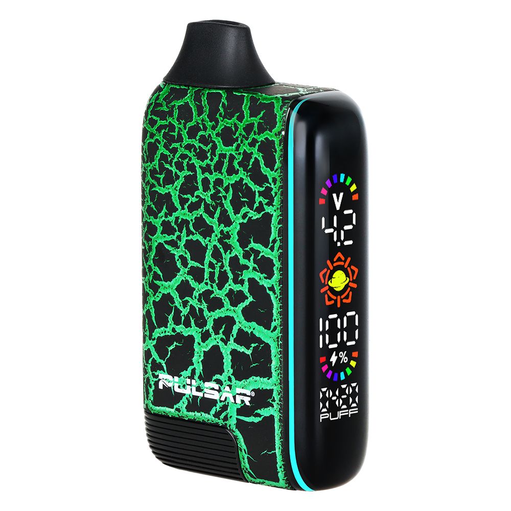 Pulsar 510 DL 5.0 in Crackle Spectral Flow (Black with Green Crackles), featuring the illuminated, full-color LED screen that displays battery life, precise voltage, and the integrated puff counter.