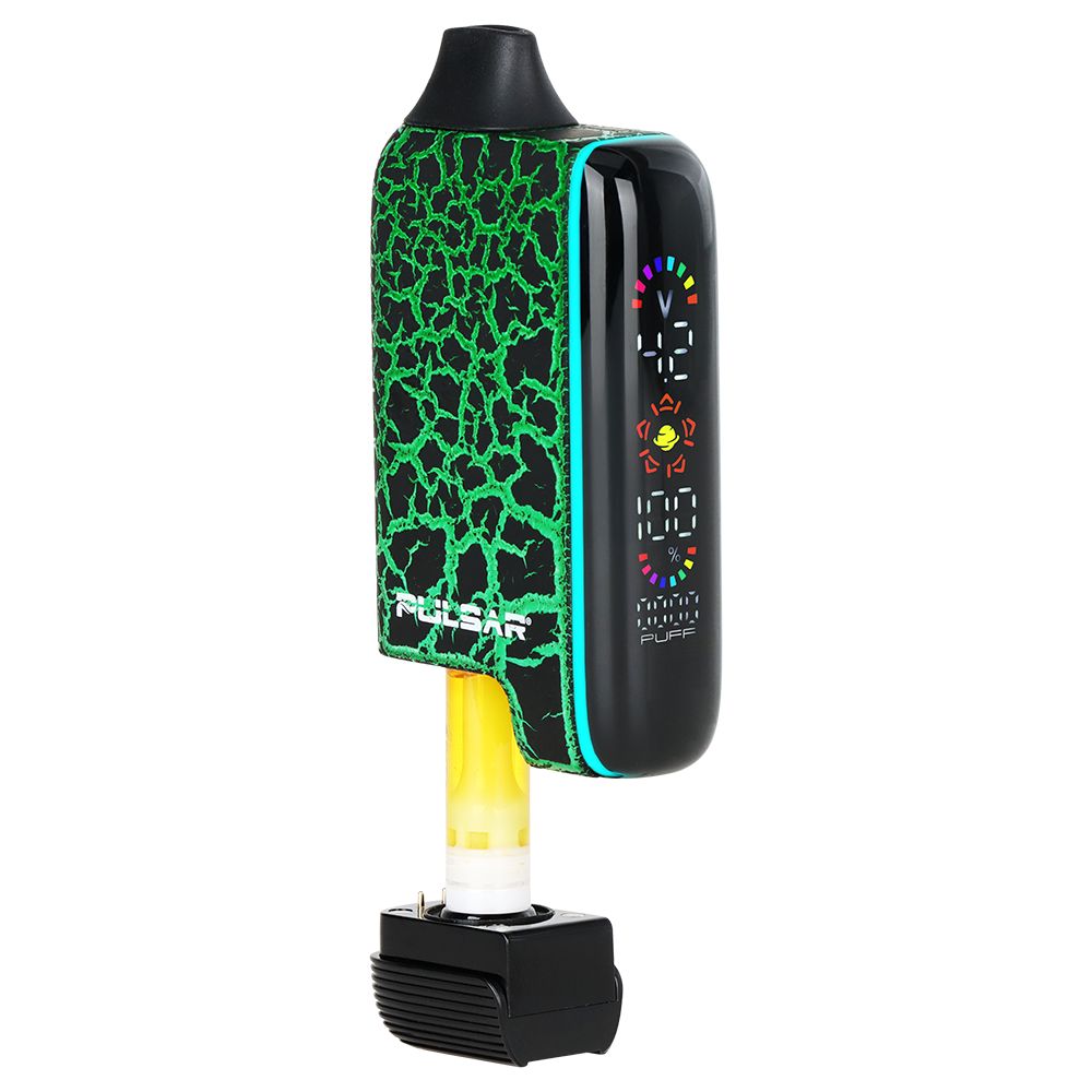 Pulsar 510 DL 5.0 in Crackle Spectral Flow (Black with Green Crackles), shown with the magnetic shell partially removed to reveal a 510-thread cartridge and the illuminated digital display.