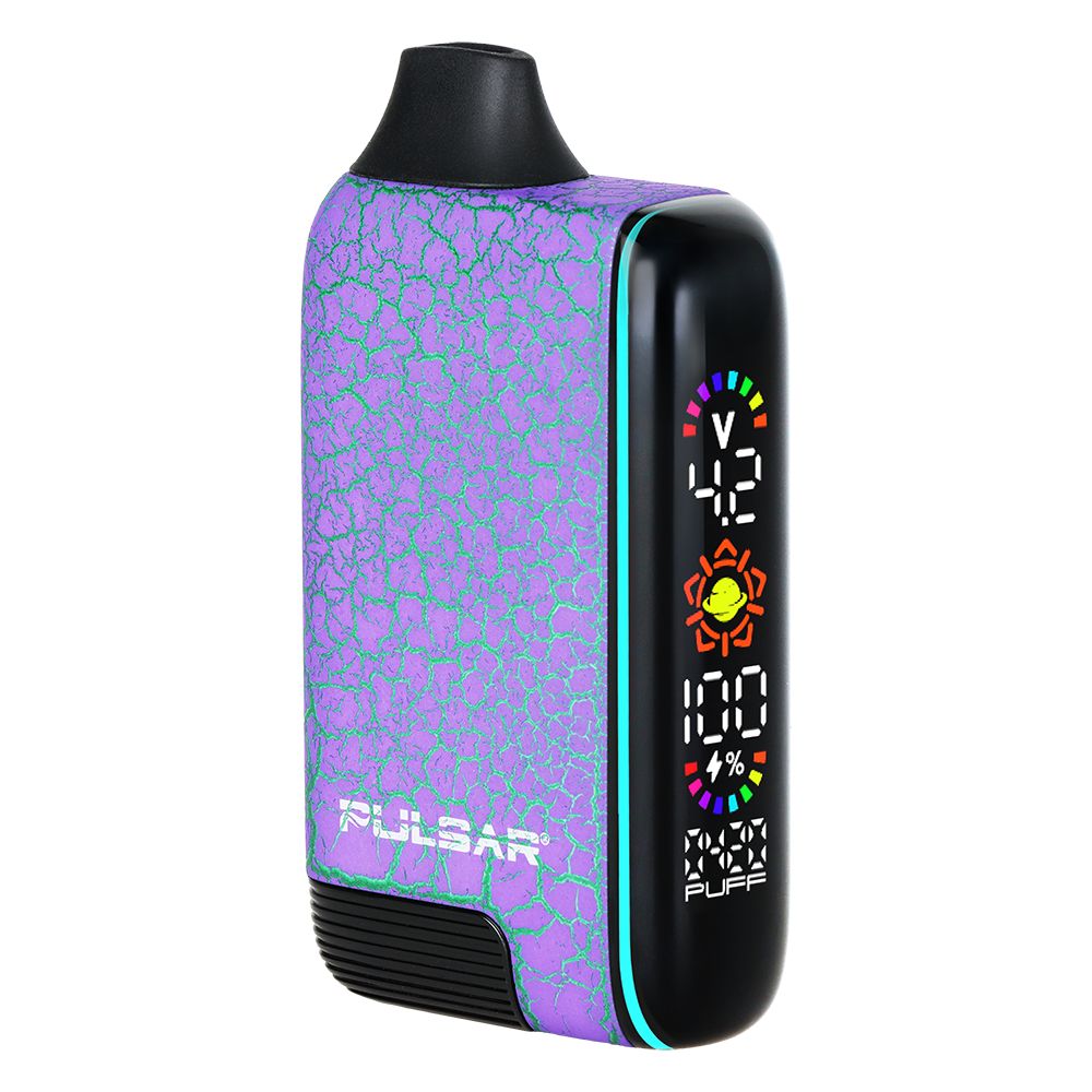 Pulsar 510 DL 5.0 in Crackle Static Shard (Purple with Green Crackles), showcasing the bold colorway and the interactive screen interface designed for precise variable voltage control and a massive 1000mAh battery.
