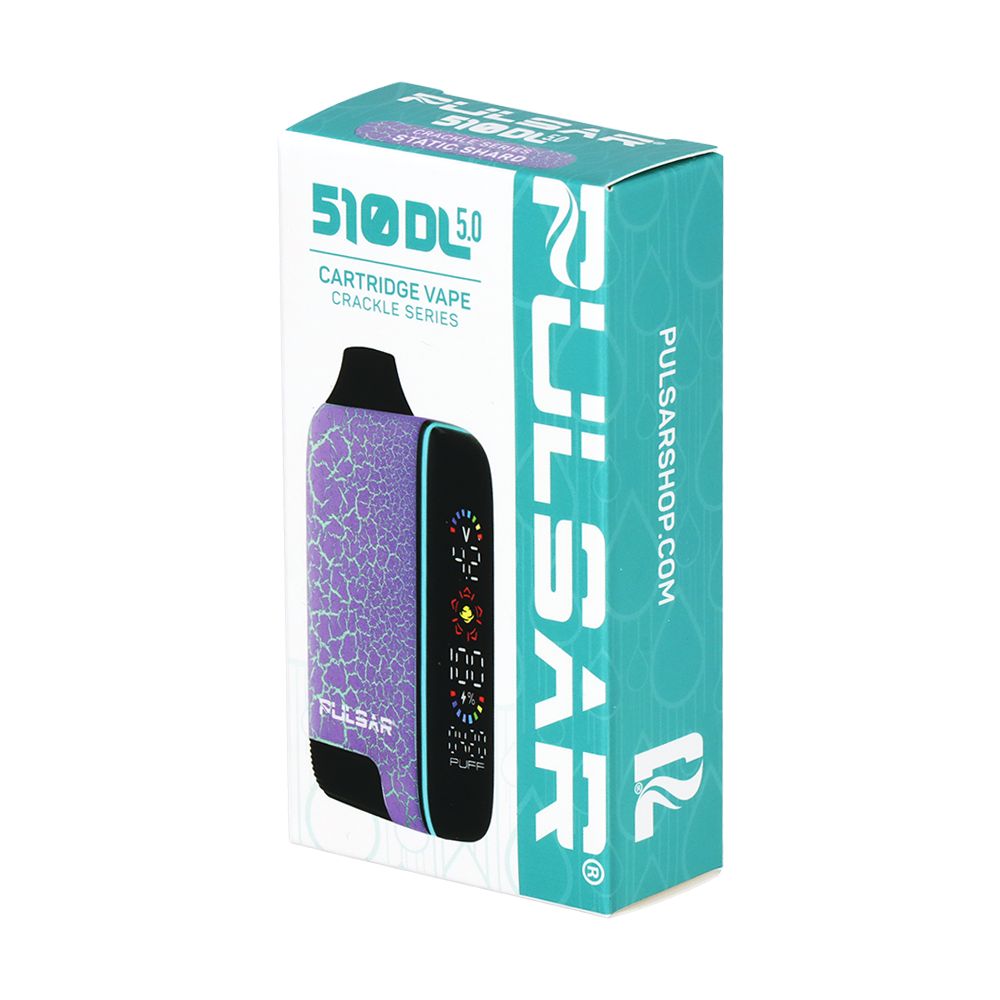 Front of the retail box for the Pulsar 510 DL 5.0 in Crackle Static Shard (Purple with Green Crackles), showcasing the high-definition interactive display and listing major features like USB-C charging and precision voltage control.