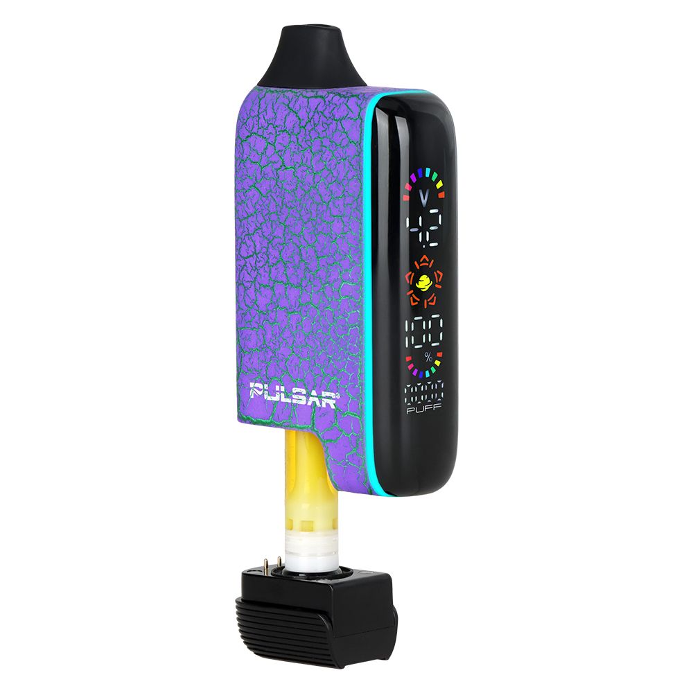 Pulsar 510 DL 5.0 in Crackle Static Shard (Purple with Green Crackles), illustrating the discreet "hidden cartridge" design alongside the comprehensive session data on the lit display.