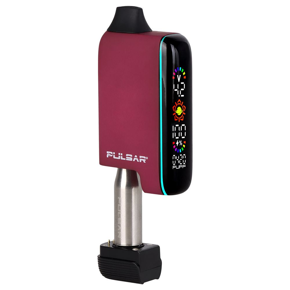 Pulsar 510 DL 5.0 Thermo in Fairy Fire (cooled pink), shown partially open to reveal a Pulsar 510 Wax Atomizer Bullet installed for dabbing concentrates.