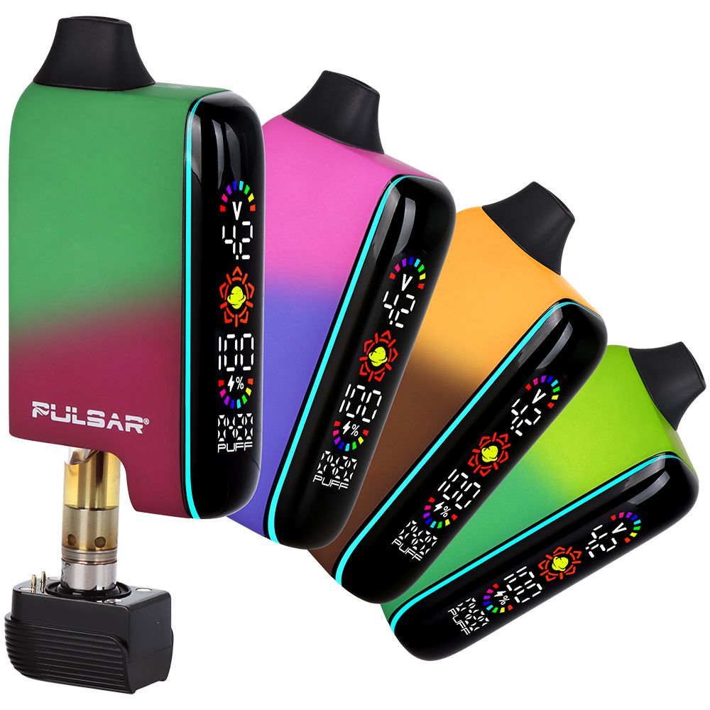 Pulsar 510 DL 5.0 Thermo Vape Bar collection, showcasing four color-changing options. Features the Fairy Fire (Pink to Green) model partially open with a 510 cartridge installed, alongside the Royal Wizard, Earth Storm, and Acid Splash Thermo models in their closed, stealth state.