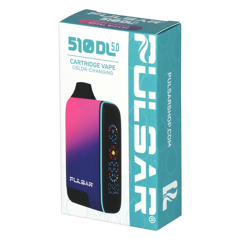 Front view of the Pulsar 510 DL 5.0 Thermo retail packaging for the Royal Wizard edition, highlighting the 1000mAh battery and color-changing feature.