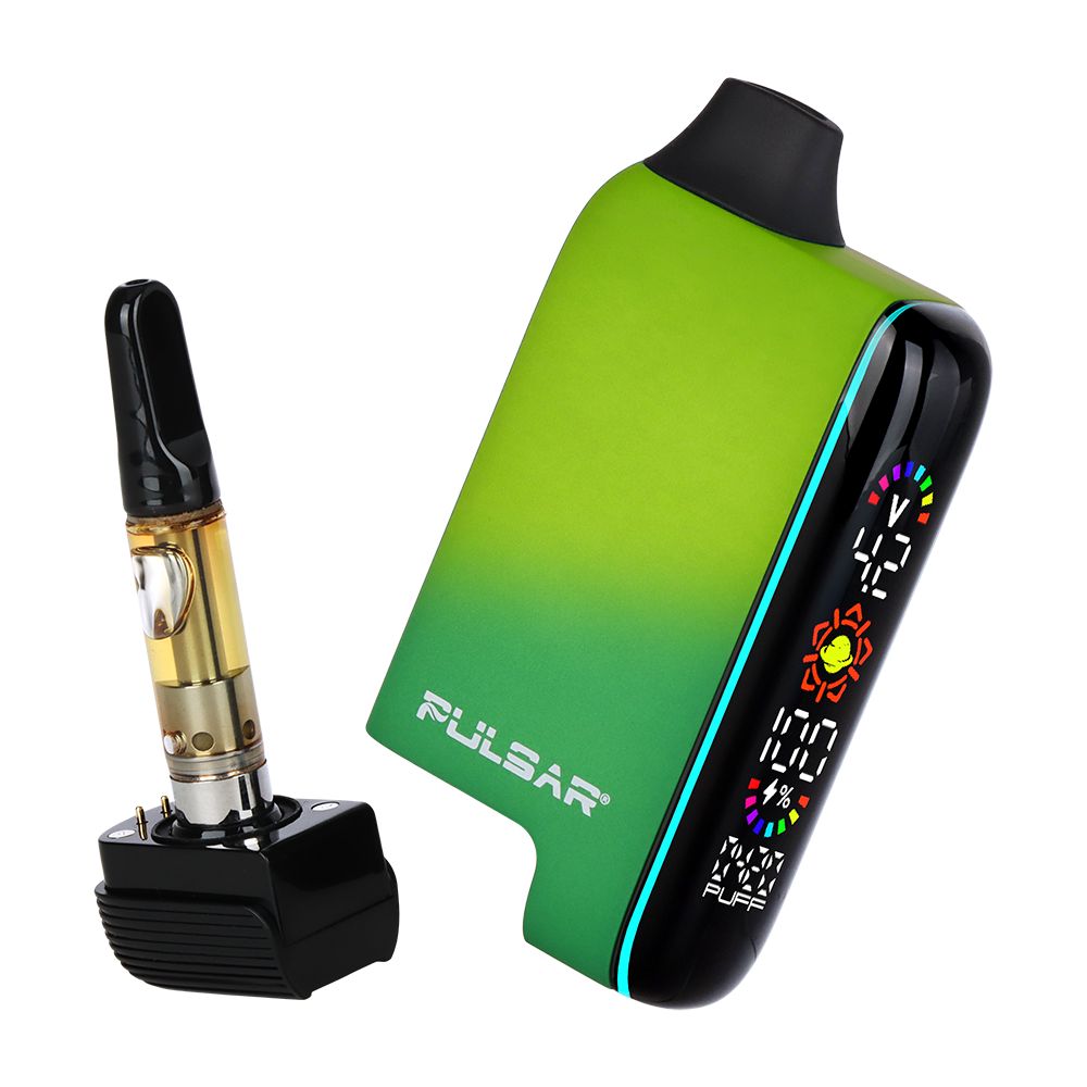 Pulsar 510 DL 5.0 Thermo in Acid Splash, demonstrating the easy-access magnetic base and concealed cartridge port. The body shows a mid-heat color shift from dark green to neon green yellow.