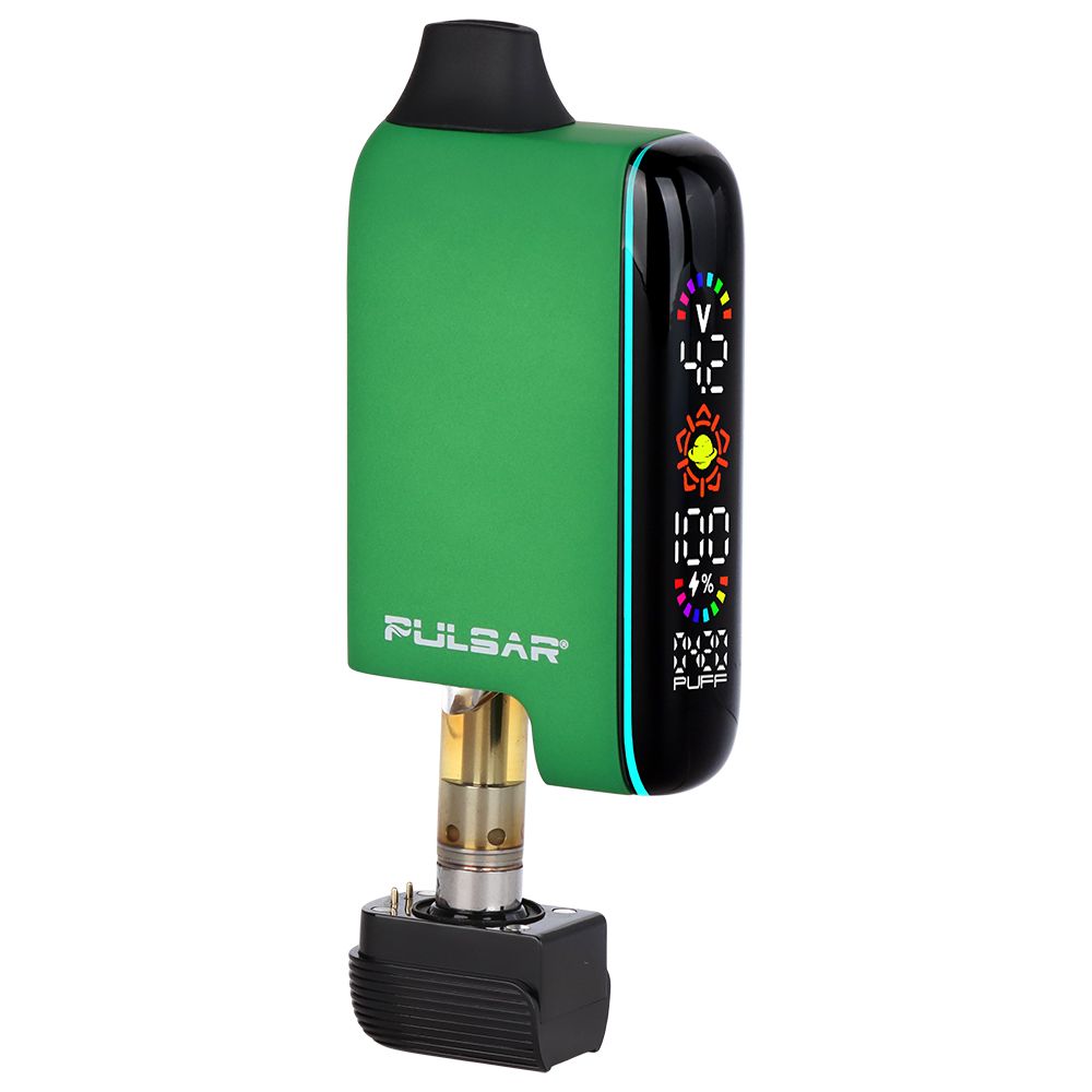 Pulsar 510 DL 5.0 Thermo in Acid Splash, captured in its fully cooled green state, half-open to show the discreet cartridge chamber and active digital display.
