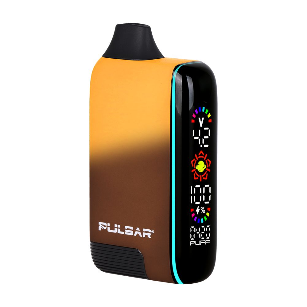 Pulsar 510 DL 5.0 Thermo in Earthstorm, showing the thermal transition from matte brown to bright orange/yellow with the active digital screen visible.