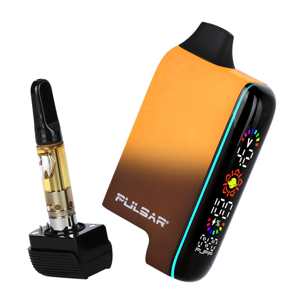 Pulsar 510 DL 5.0 Thermo in Earthstorm, highlighting the internal cartridge chamber with the base plate detached. The device displays a mid-transition orange/brown hue and a lit LCD status screen.