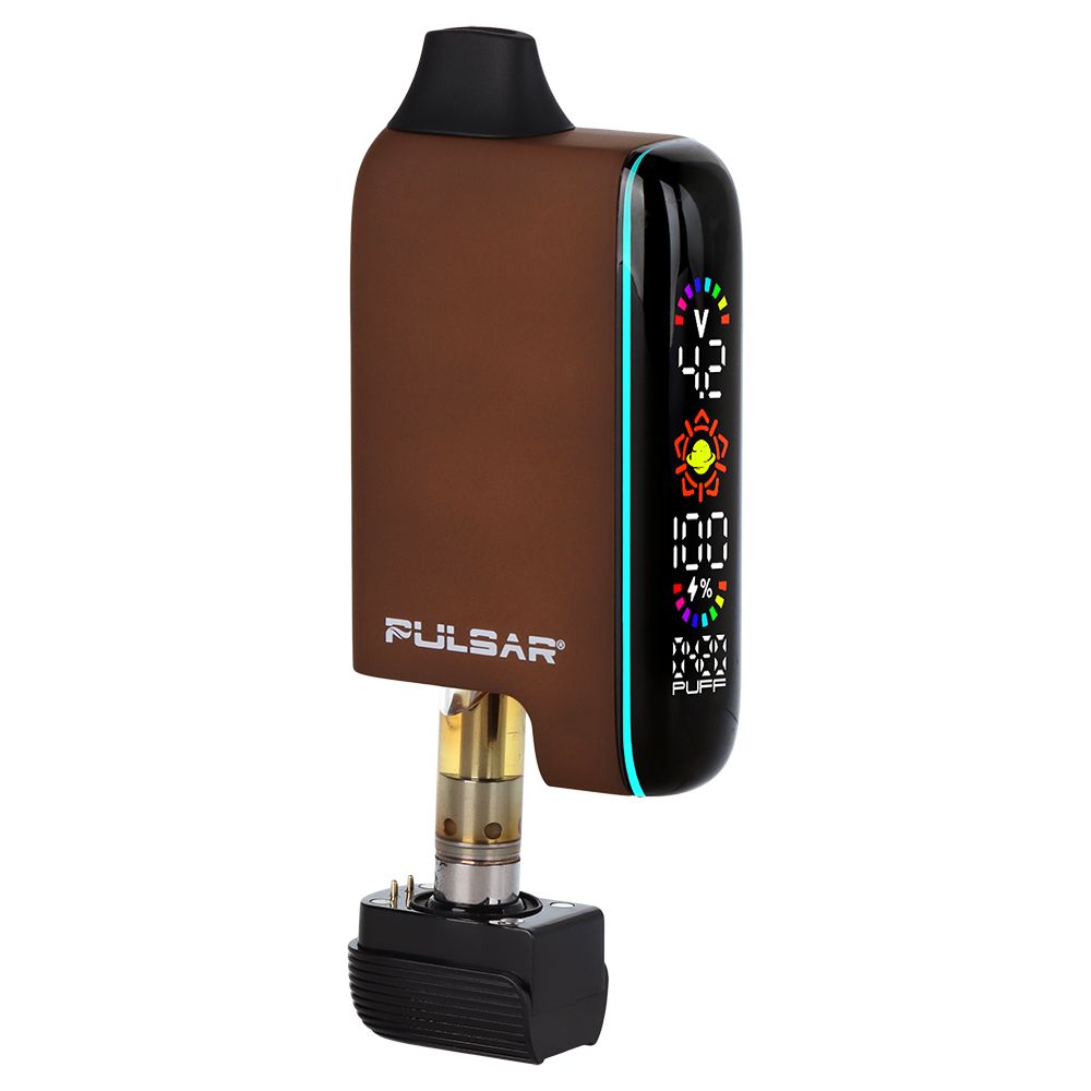 Pulsar 510 DL 5.0 Thermo in Earthstorm, shown in its fully cooled brown state, partially open to demonstrate the concealed cartridge port with a cartridge installed.