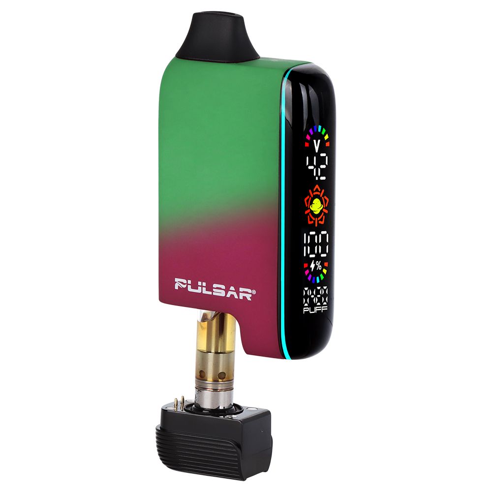Pulsar 510 DL 5.0 Thermo in Fairy Fire, shown mid-color-shift and partially open to reveal an installed 510 cartridge and the internal magnetic connection.