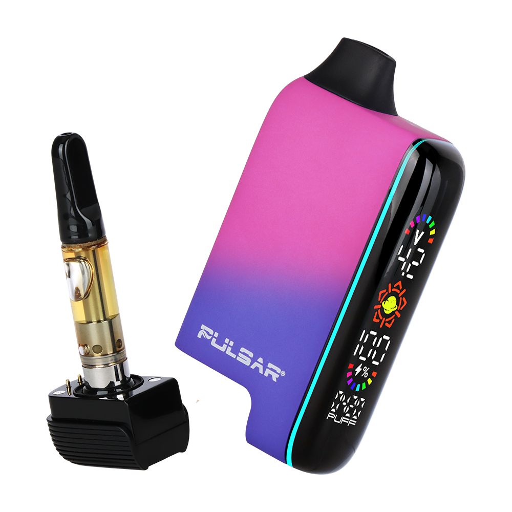 Pulsar 510 DL 5.0 Thermo in Royal Wizard, featuring the magnetic bottom removed to show the cartridge connection. The thermal transition from purple to pink is visible alongside the illuminated digital display.