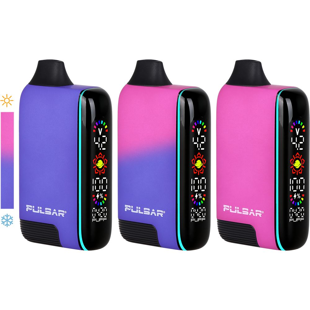 Pulsar 510 DL 5.0 Thermo in Royal Wizard, illustrating the dramatic color transformation from the cold dark Blue/Purple aesthetic to the vibrant, heated vibrant Green appearance when activated by heat.