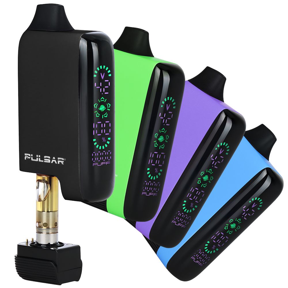 A collection of four Pulsar 510 DL 5.0 Vape Bars in Black, Green, Purple, and Blue. The black model is shown partially open to reveal the internal 510-thread cartridge chamber.