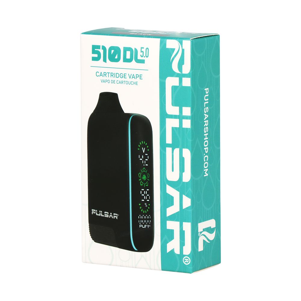 Front of the retail box for the Pulsar 510 DL 5.0 in Black, featuring a full-color image of the device and a specifications list highlighting "Precision Voltage," "1000mAh Battery," and "Puff Counter."