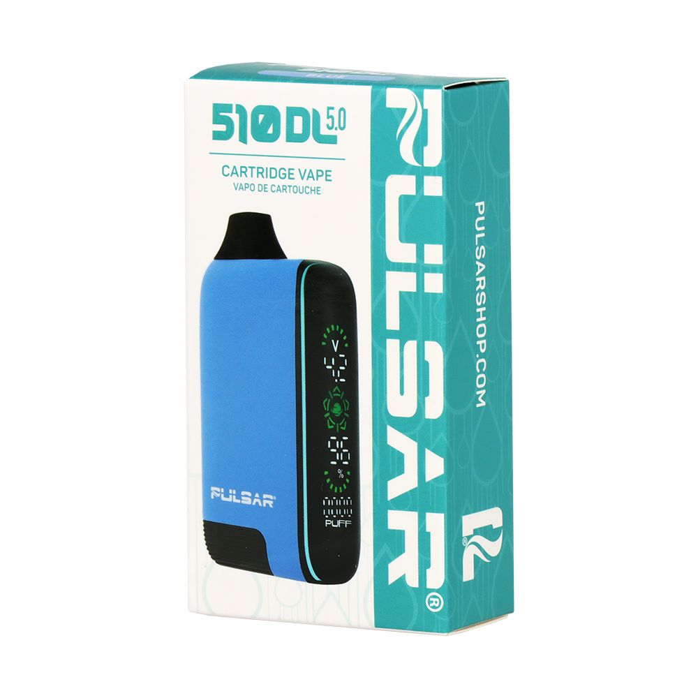 Front of the retail box for the Pulsar 510 DL 5.0 in Blue, showcasing the interactive screen display and emphasizing the larger internal cartridge chamber (fits up to 2mL carts).