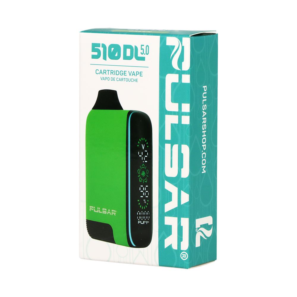 Front of the retail box for the Pulsar 510 DL 5.0 in Green, showcasing the distinct colorway and listing technical details including the USB-C charging capability and variable voltage range.