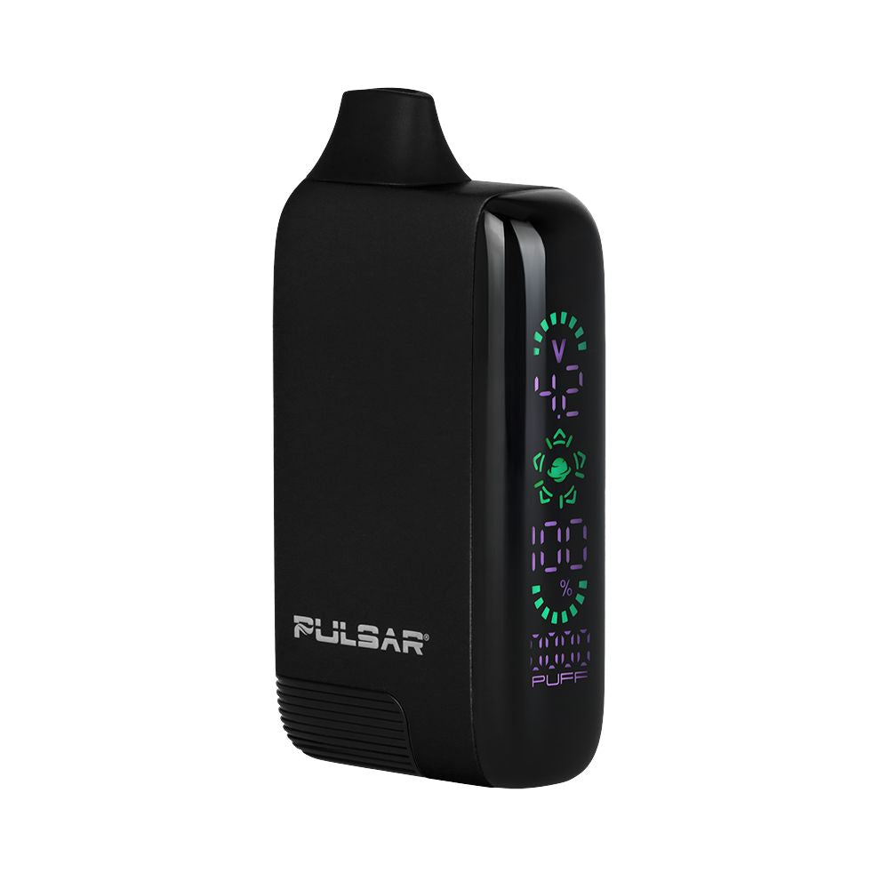 The Pulsar 510 DL 5.0 in Black, featuring the bright, full-color LED screen displaying real-time battery life, precision voltage, and puff count.