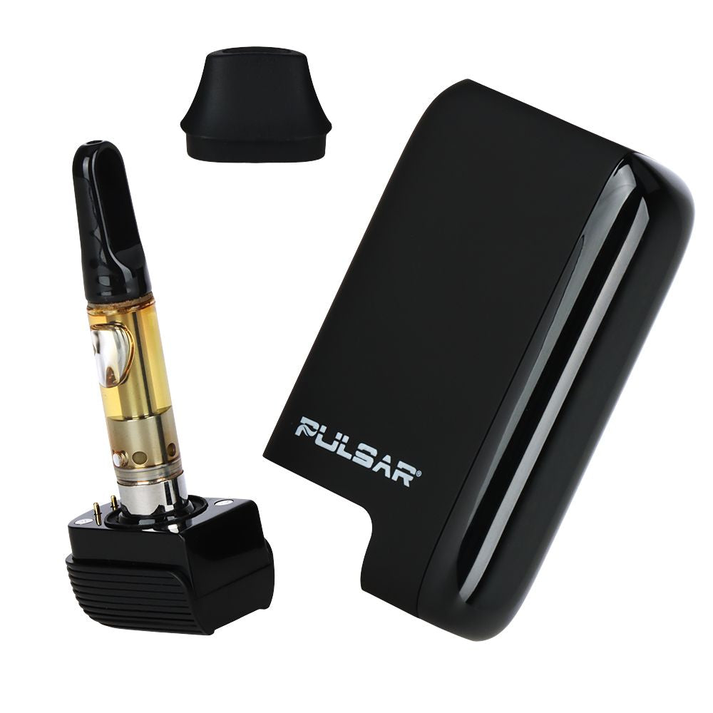 A complete breakdown of the Pulsar 510 DL 5.0 (Black), displaying the magnetic base, the 1000mAh battery body with LCD screen, an installed cartridge, and the detached mouthpiece components.