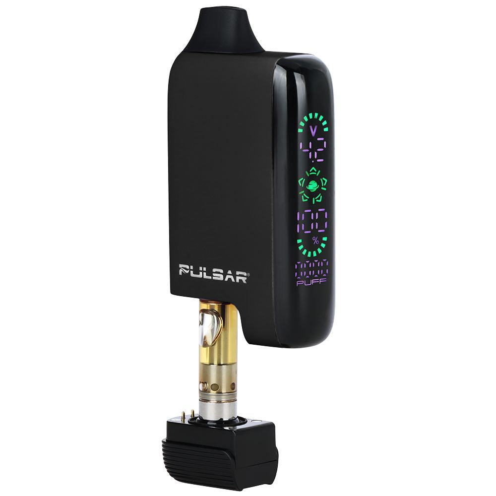 Pulsar 510 DL 5.0 in Black, shown partially open to reveal a concealed 510-thread cartridge securely housed within the stealth vape bar.