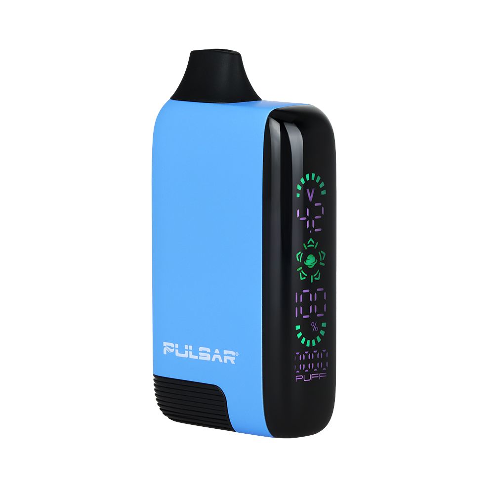 The Pulsar 510 DL 5.0 in Blue, illustrating the vibrant colorway and the interactive screen interface that allows for precision voltage control.