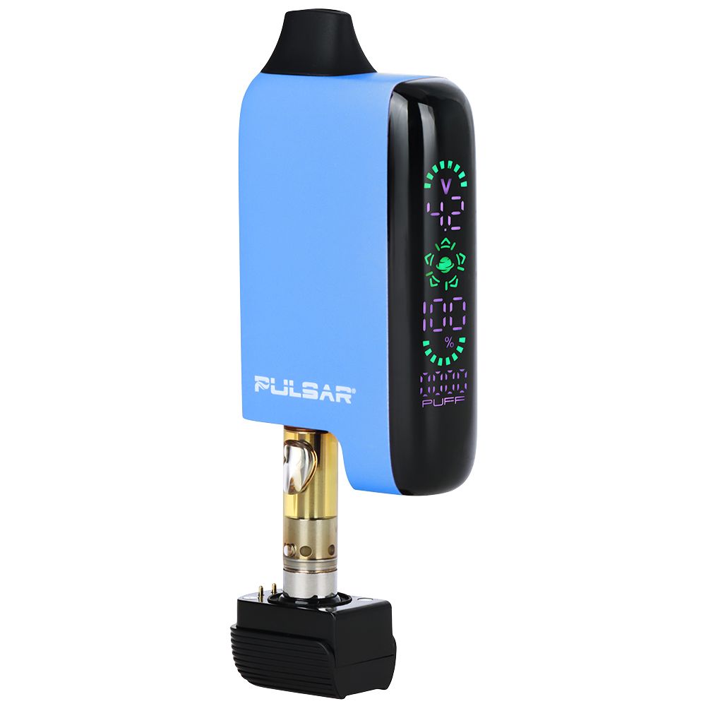 Pulsar 510 DL 5.0 in Blue, showcasing the user-friendly magnetic assembly and the deep chamber designed for various cartridge sizes.