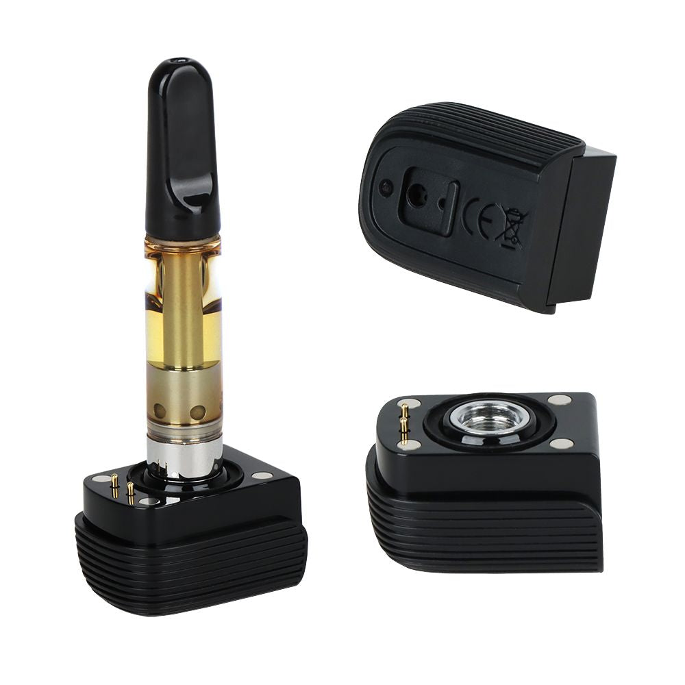 Three magnetic bases of the Pulsar 510 DL 5.0 displayed together: one with a 510-thread cartridge installed, one showing the internal connection points, and one illustrating the bottom of the base with precision airflow holes.