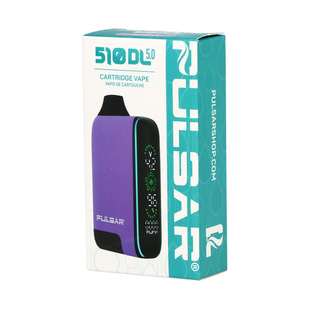 Front of the retail box for the Pulsar 510 DL 5.0 in Purple, illustrating the sleek, unboxing experience and confirming the "DL" auto-draw stealth vaping features.