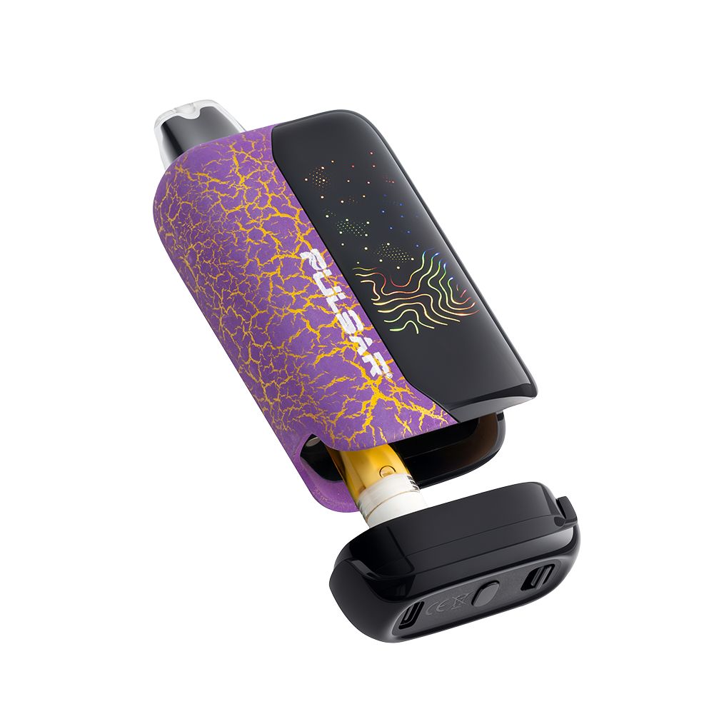 Pulsar 510 DL 6.0 Purple Crackle series with the base detached, highlighting the 510 universal threading and sleek LCD interface.