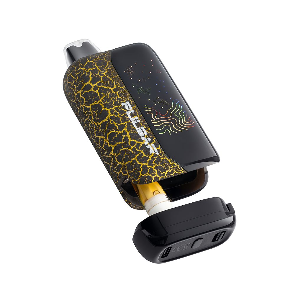 Pulsar 510 DL 6.0 Gold Crackle series with magnetic bottom removed showing a 510-thread cartridge and USB-C charging port.