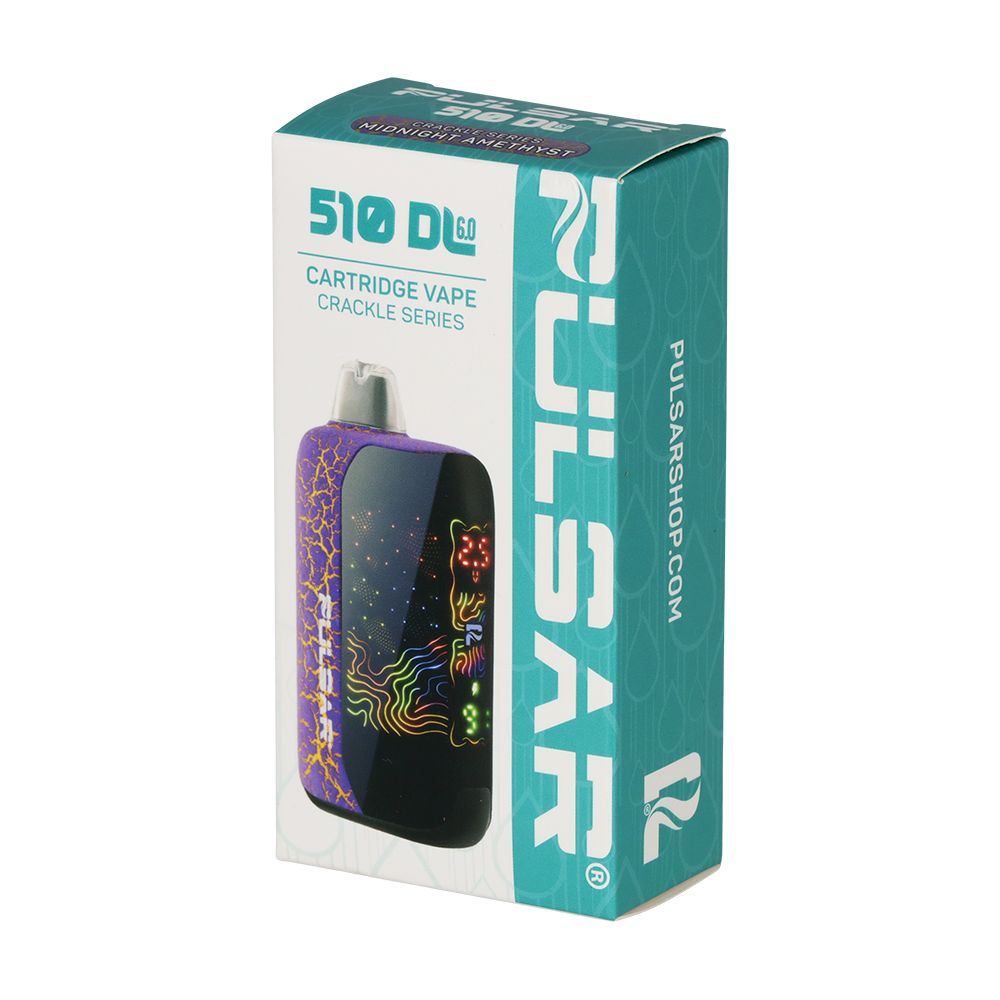 Professional retail packaging for the Pulsar 510 DL 6.0 Crackle Series Cartridge Vape in the Midnight Amethyst colorway.