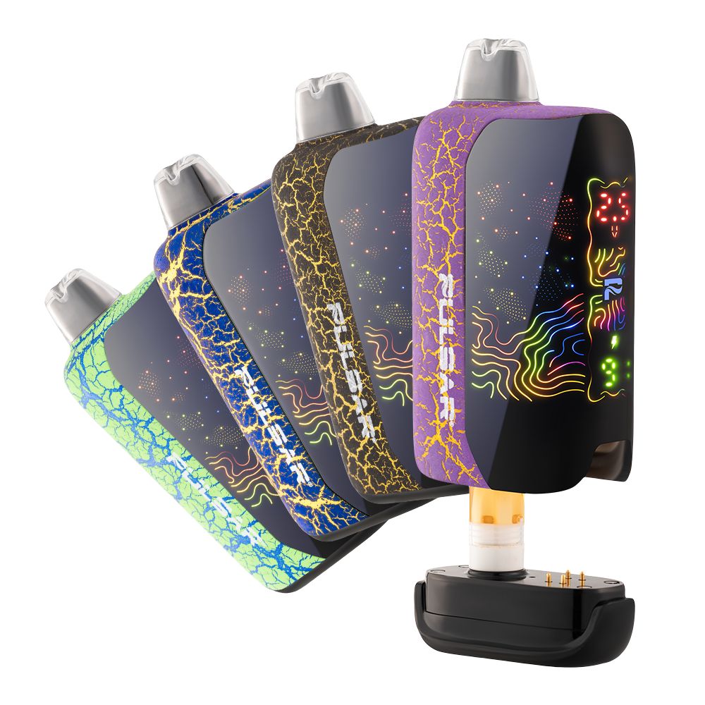 Pulsar 510 DL 6.0 Vape Bar collection showing four Crackle Series colors: green, purple, blue, and gold with a magnetic base exposed.