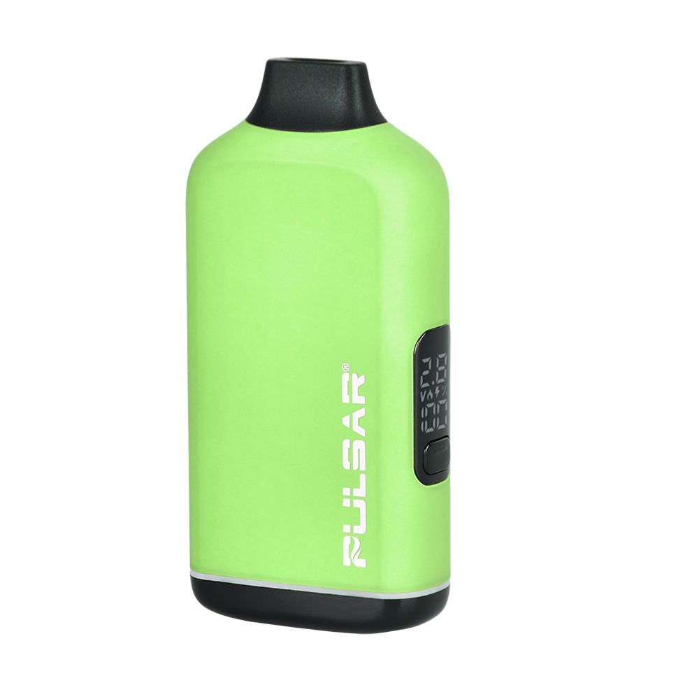 The 'Forbidden Fruit' Pulsar 510 DL Centro Thermal battery fully transitioned to a bright yellow-green state, highlighting the 1000mAh high-capacity vape bar design.