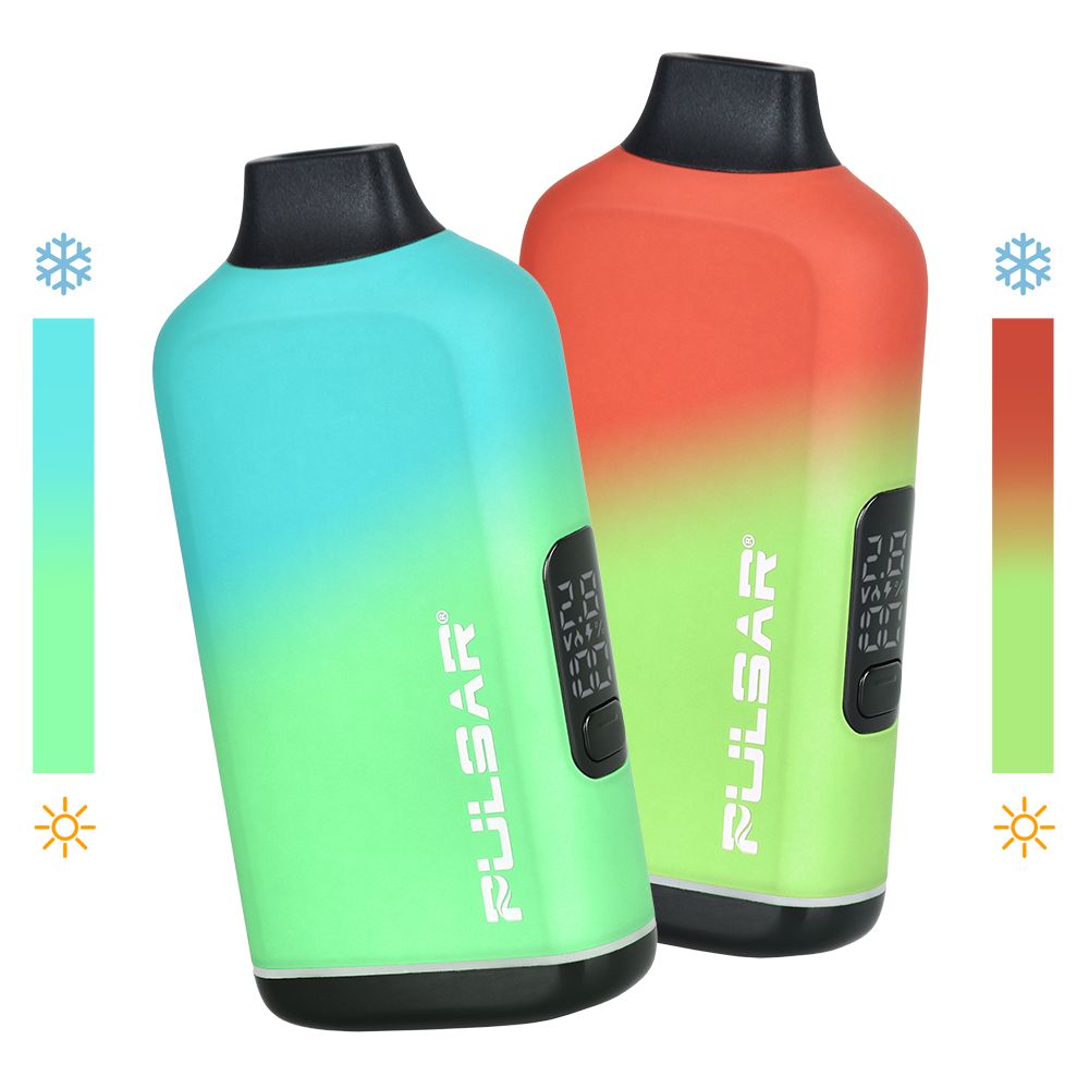 Pulsar 510 DL Centro Thermal vape batteries in 'Forbidden Fruit' (red-to-yellow) and 'Siren’s Snare' (teal-to-green) showing the heat-sensitive color-changing effect.