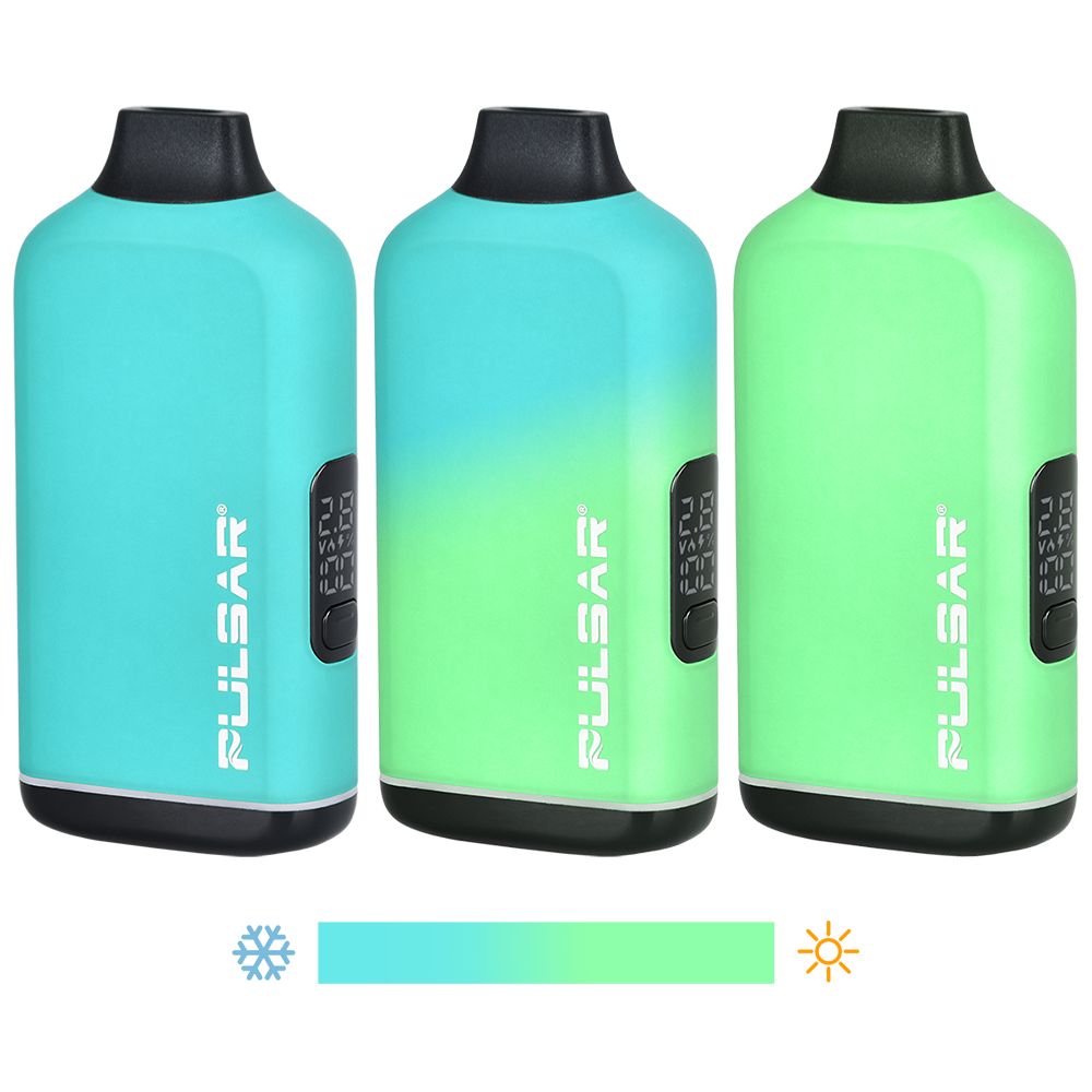 Three-stage visual of the Siren’s Snare Pulsar 510 DL Centro Thermal battery transitioning from a cold deep teal to a warm lime green through touch-activated thermochromic tech.