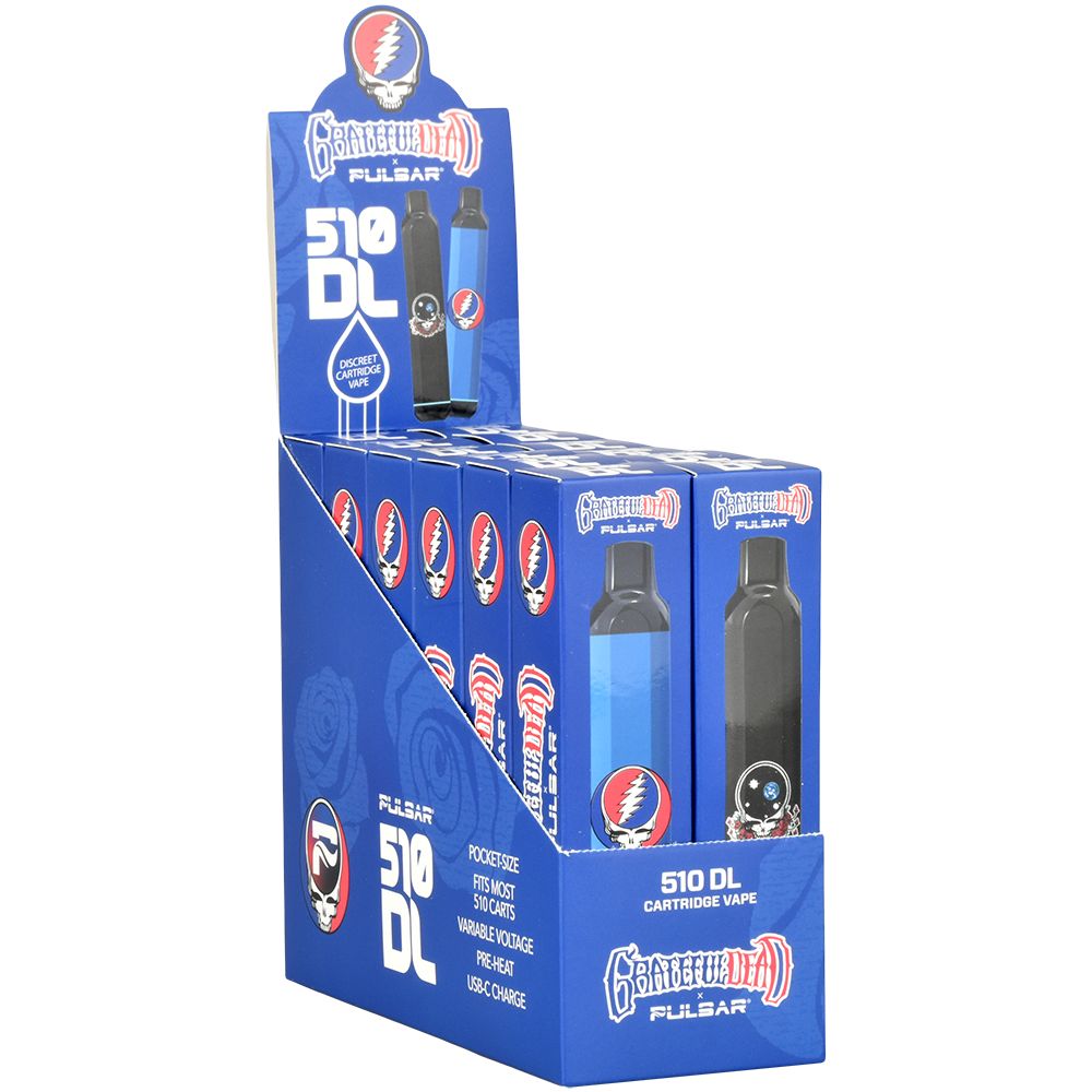 The complete Pulsar 510 DL Grateful Dead retail display unit, fully stocked with both the Space Your Face and Steal Your Face individual retail boxes.