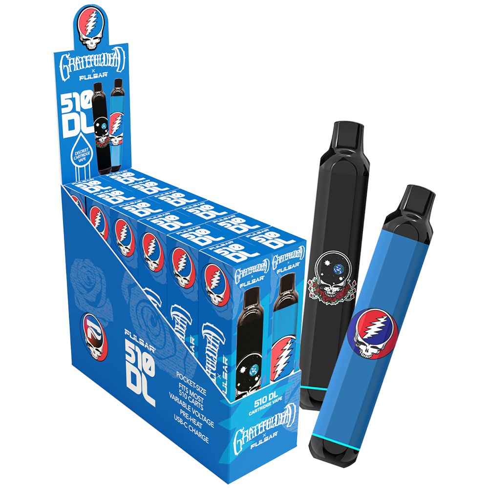 A Pulsar x Grateful Dead retail display box containing both editions, with the Space Your Face and Steal Your Face batteries standing along side . 