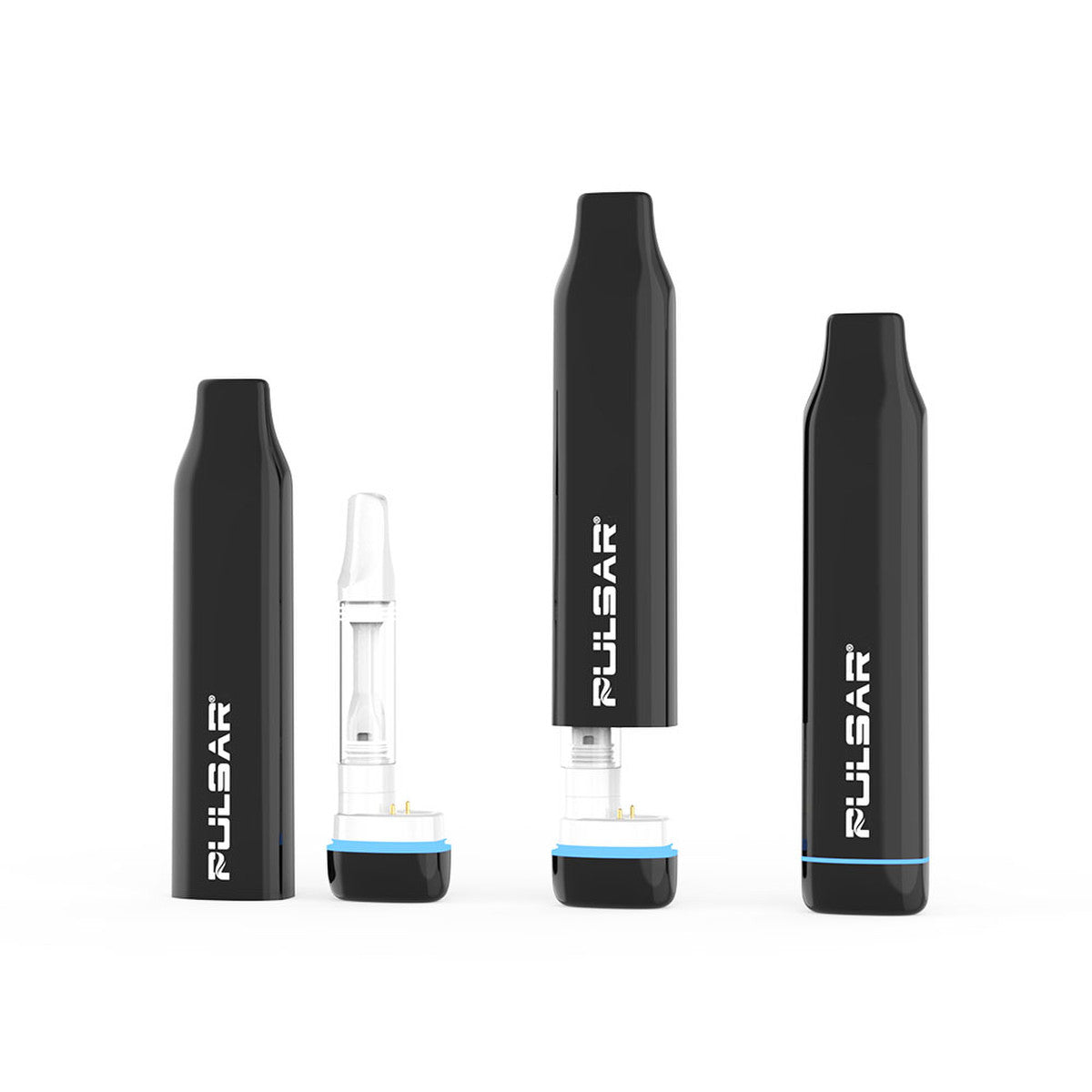 A detailed studio product shot highlighting three Pulsar 510 DL Lite devices in Black demonstrating cartridge assembly. The device on the left is fully closed and intact. The middle device shows the protective mouthpiece cover slid halfway off to reveal an installed 510 oil cartridge. The device on the right displays the mouthpiece cover completely removed and standing next to the base, cleanly showing how a 510 cartridge threads onto the internal magnetic base connector.