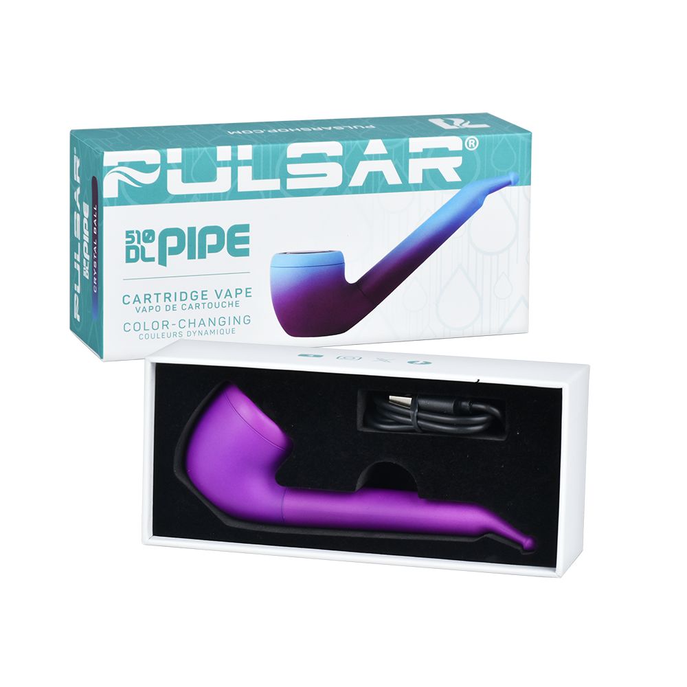 A clean studio presentation displaying the Pulsar 510 DL Pipe Royal Wizard retail box alongside an open packaging layout. The unboxed view demonstrates how the color-changing pipe battery mod, the black stem mouthpiece, and the USB-C charging accessories are securely nestled in custom-cut protective foam inserts.