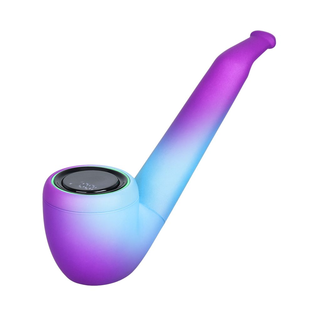 A clean side profile studio shot of the Pulsar 510 DL Pipe in Thermo Crystal Ball mid-transition. The heat-reactive body exhibits a distinct thermochromic gradient shift along the pipe bowl contours, transitioning from a cold state of deep purple to a soft, warm light sky blue shade where hand warmth has been applied.