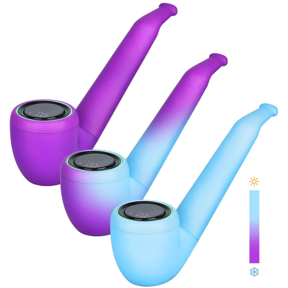 A studio presentation displaying three Pulsar 510 DL Pipe devices in the Thermo Crystal Ball colorway side-by-side. The triple-device layout showcases the full range of the thermochromic spectrum: one device sitting in its cold deep purple profile, a middle unit displaying a mottled purple-and-blue gradient mid-transition, and the final unit fully warmed to a solid light sky/baby blue color.
